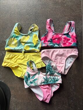 SHEIN Girls Yellow Lemon, Pink Floral & Mint Palm 3-Pack Swim Bikinis